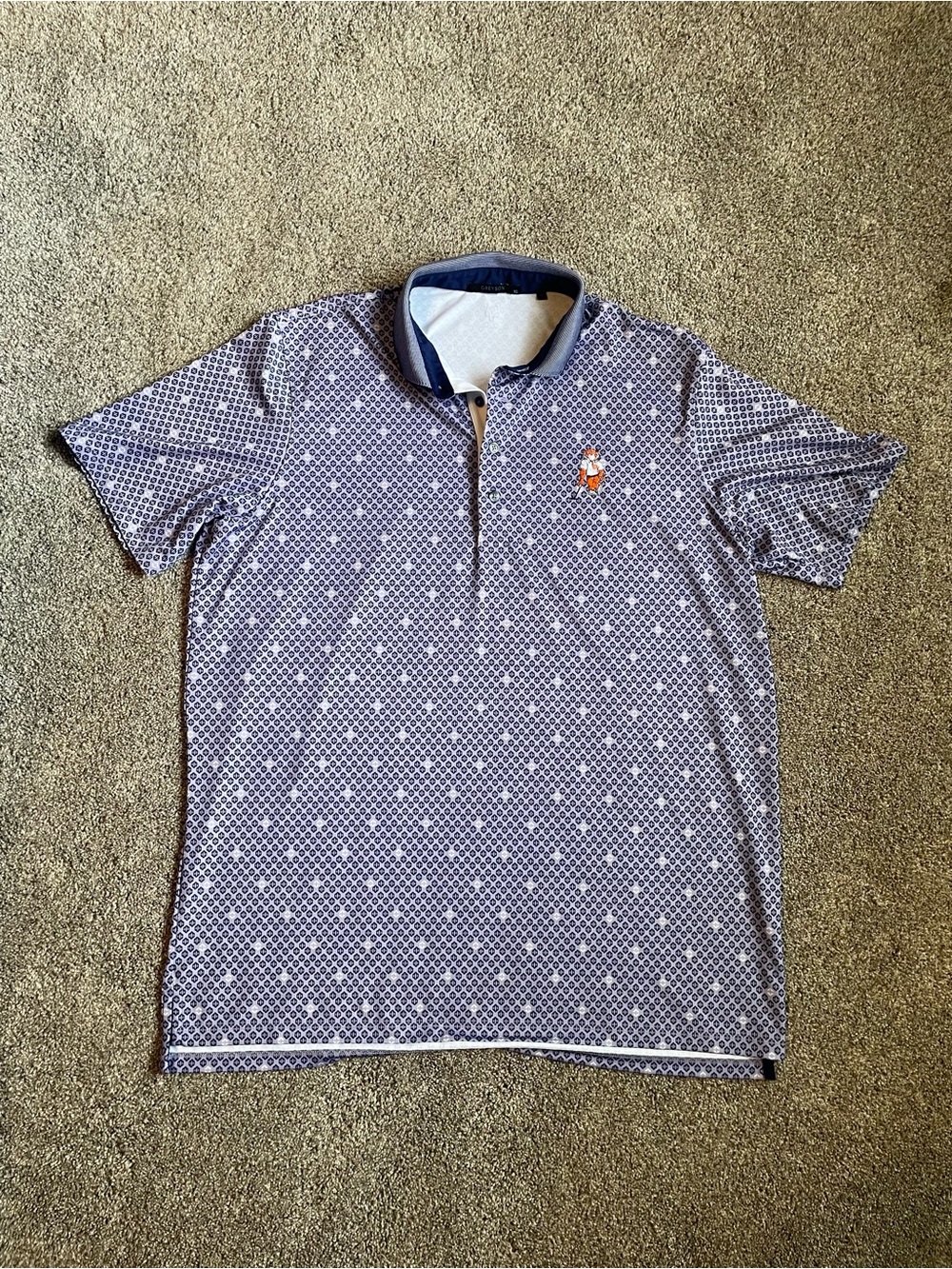 Greyson Men's Purple Patterned Polo with Clemson Tiger Golfing Logo XL